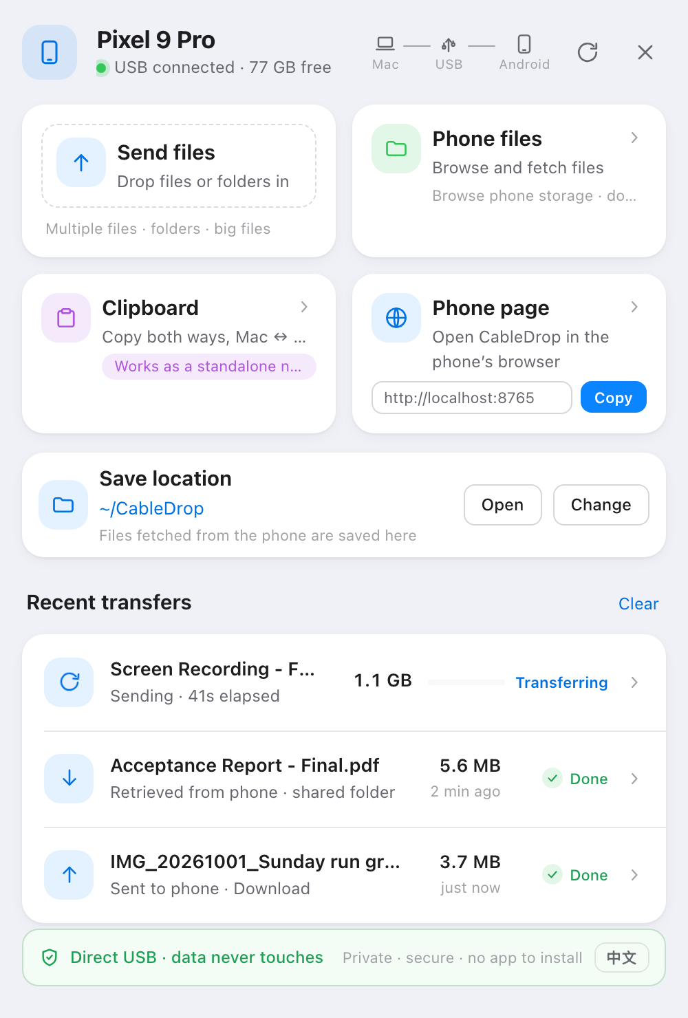 The CableDrop menu bar panel: a connected Android phone at the top, four action cards, a save-location card, the recent transfers list, and a USB trust banner.
